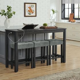 59 Inch Bar Table, Dining Table, Sofa Table with Power Outlet, 3 Upholstered Stools, 4 Piece Bar Table and Chair Set for Living Room, Dining Room