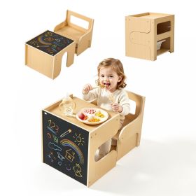Montessori Weaning Table and Chair Set, Wooden, Kids Table and Chair Set for Toddlers 1-5, Step Stool with Blackboard and Storage Space, Easy to