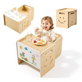 Montessori Weaning Table and Chair Set, Wooden, Kids Table and Chair Set for Toddlers 1-5, Step Stool with Whiteboard and 3 Heights Adjustable