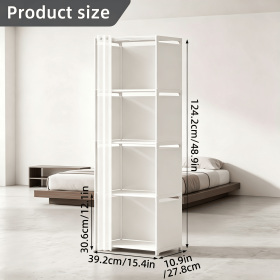 5 Tier Storage Cabinet Closet with Curtain, Silver Metal Pipe Shelf Rack with White Fabric Panels and PEVA Curtain