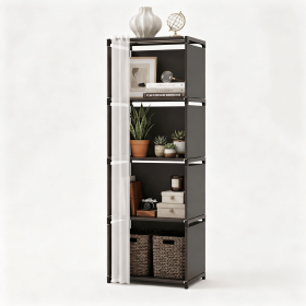 5 Tier Storage Cabinet Closet with Curtain, Silver Metal Pipe Shelf Rack with Black Fabric Panels and PEVA Curtain