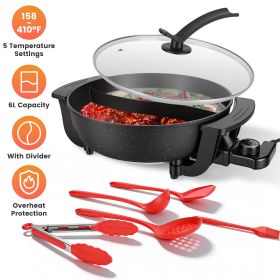 6L Electric Hot Pot with Divider 1100W Dual-Flavor Pot Shabu Shabu Pot Non-Stick with 5-Temp Control for Shabu Shabu Fondue Perfect for Family Ga