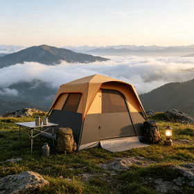 Inflatable Camping Tent, 1-2 Person Glamping Tent with Hand Pump, Blow Up Tent with Doors, Carry Bag, Khaki and Brown