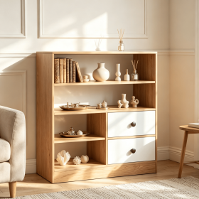 Open storage cabinet, 3 compartments, 2 drawers, roommate, furniture organization, white wooden appearance, suitable for bathroom and bedroom