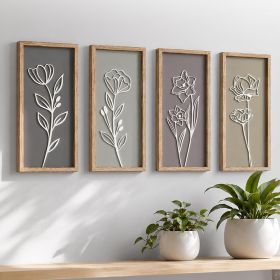 3D Wooden Floral Wall Decor Set, Framed Botanical Wall Art for Bathroom, Bedroom, Living Room and Office, Set of 4
