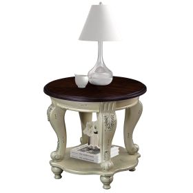 22'' Two Tone Round End Table,Solid Wood Sofa Side Table with Shelf,Living Room Corner Table Easy Assemble,Beige and Espresso Top