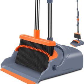 Upgrade Broom And Dustpan Set, Self-Cleaning With Dustpan Teeth, Indoor&Outdoor Sweeping, Ideal For Dog Cat Pets Home Use, Stand Up Broom And Dus (Option: Grayorange)