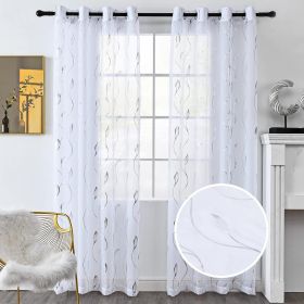 2PCS White Sheer Curtains Gold Foil Marble Print Rod Pocket Window Curtains, 52" W x 84" L (Color: Silver)