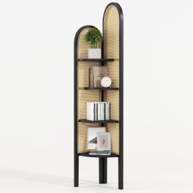 4 Tier Corner Shelf Stand, Wood Boho Rattan Shelves with Wicker Weave for Bedroom Living Room Office (Color: Black)