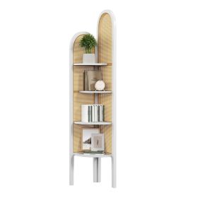 4 Tier Corner Shelf Stand, Wood Boho Rattan Shelves with Wicker Weave for Bedroom Living Room Office (Color: White)